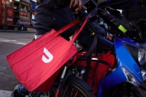 A Doordash delivery bag is seen in Brooklyn, New York