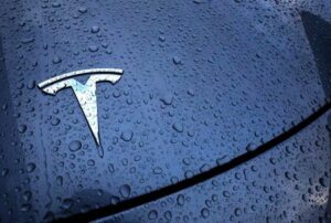 FILE PHOTO: The logo of a Tesla electric vehicle is